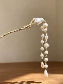 1pc Vintage Branch Textured Metal Hair Stick With Multi-Layer Pearl Tassel Pendant Hair Accessory For Women Back Of Head Bun Styling Wedding Party - Multicolor - View 3