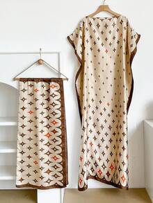1 Set Faux Silk Minimalist Premium Geometric Print Long Robe Set For Women, Beach Cover-Up Sun Protection Pullover Shawl With Satin Scarf, Perfect For Layering And Daily Wear - Multicolor - View 11