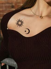 1pc Moon And Star Pattern Tattoo Sticker, Unisex, Waterproof Sun Pattern Temporary Tattoo, Suitable For Hands, Wrists, Body Decoration, Waterproof Disposable Fake Tattoo - Black - View 4