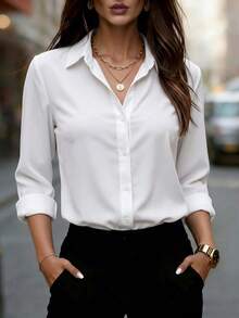 Women's Solid Button Front Shirt, Collared Long Sleeve Top For Business, Office, Home, Vacation, Holiday, Travel, Spring Summer Fall Winter - White - View 1