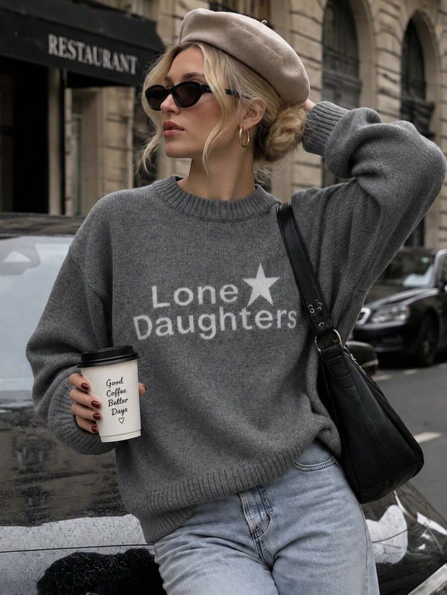 Women's New Autumn/Winter Knit Crew Neck Pullover Sweater With "Lone Daughters" Letter Pattern, Casual Commute College Style Knit Sweater - Grey - View 1