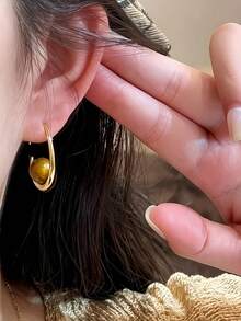 1 Pair Vintage Tiger Eye Teardrop Earrings For Women, High-End Luxury Gold Hoop Earrings With Atmospheric Vibe - Brown - View 5