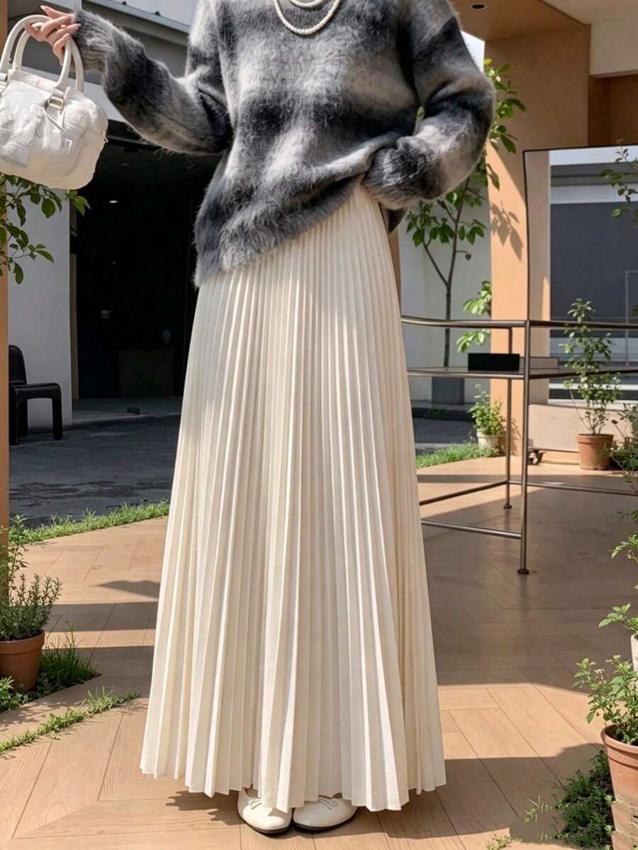 Elegant Women's Long Pleated Skirt, Non-Stretch Woven Fabric Flowy Skirt, Suitable For Autumn Wear