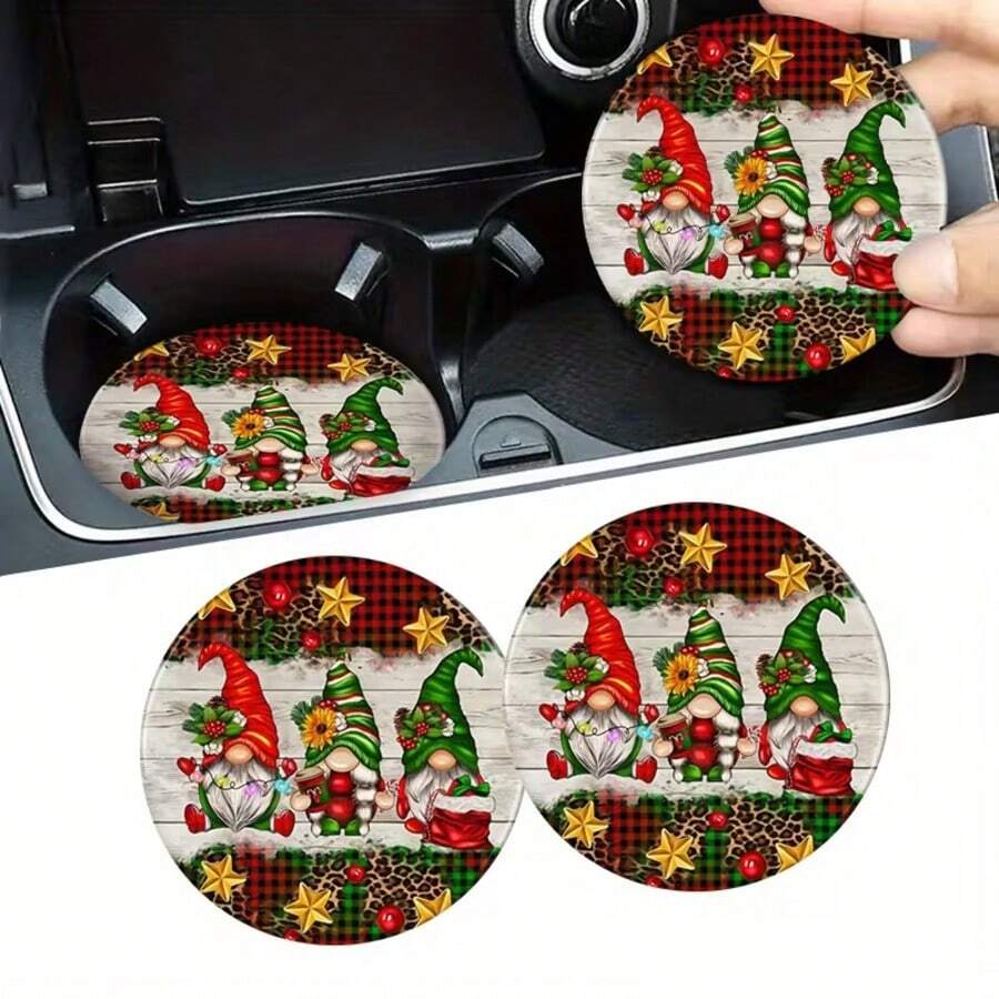 2D Christmas Santa Claus Theme Car Cup Holder Coasters 2pcs Set, 2.75 Inches, Designed To Prevent Slipping And Keep Your Car Cup Holder Clean And Dry. Made Of Acrylic Material.
