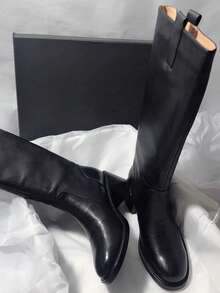Square Toe Chunky Heel Side Zipper Casual Suede Patchwork Slim Minimalist High Heel Tall Boots For Women - Black - View 2