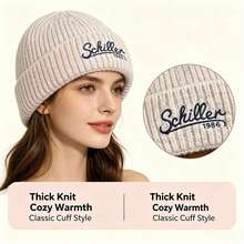 Women Embroidery Chunky Ribbed Knit Beanie Hat, Oversized Big Head Friendly Fluffy Fold Cuff Winter Warm Casual Fall Accessory - Chillen Embroidered Fashionable Korean Style Knit Hat - View 3