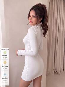 SUNSTORY Women's Autumn White Lace Trim Mock Neck Long Sleeve Ruched Fitted Bodycon Mini Skirt, Suitable For Dating, Party, Daily Outings, Back To School Dance - White - View 11