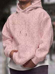 Men's Washed Distressed Hoodie With BALANCE Brain & Heart Print, Kangaroo Pocket And Drawstring Hood - Pink - View 2