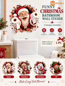 SUPSTICKER Funny Christmas Break Wall Bathroom Wall Sticker, Peel And Stick Removable Holiday Decor, 9.31*12.80 In, 4 Patterns Available - Christmas - View 1