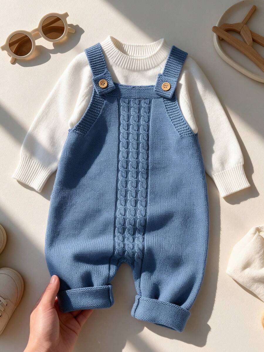 Baby Sweater Romper, Foggy Blue Cable Knit Suspender Crawler, Single Piece Solid Color Cable Knit Suspender Jumpsuit, Infant Vintage Romper - Blue - View 1