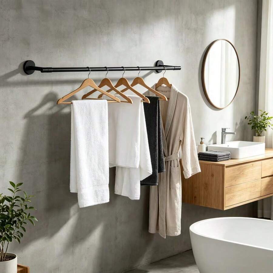 Clothing Rack, Balcony Drying Rack, Heavy Duty Round Metal Coat Rack, 45/59/74/88/103 Inch Modern Style Hanging Rod, Space-Saving Wall-Mounted Drying Rack, Suitable For Laundry Room, Closet, Matte Black