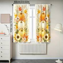 2pcs Autumn Harvest Pumpkin Maple Leaf Sunflower Pattern Printed Semi-Sheer Curtains, 90GSM Polyester Fiber Semi-Sheer Privacy Protection, Easy Installation, Quick Dry, Washable And Fade-Resistant, Lightweight Removable Curtains, Suitable For Home, Room, Kitchen And Other Partitions Or Decoration - Multicolor - View 14