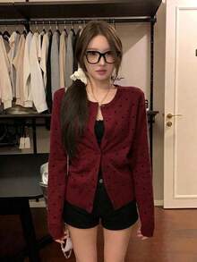 秋冬復古波點圓領女款單排扣鬆弛顯瘦休閒針織開襟外套 - 酒紅色 - 查看 2