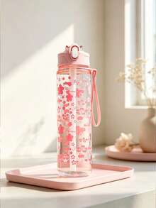 Garrafa De Água Com Padrão De Flor Rosa De 500ml, Copo De Água De Plástico Simples E Transparente, 1 Unidade - Rosa chiclete - Visão 13