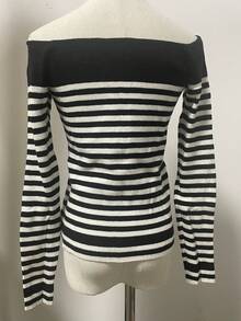 Women's Off-Shoulder Striped Knit Top, Autumn/Winter Slimming Base Layer, Sexy Cold Shoulder Contrast Color Sweater - Black and White Stripes - View 7