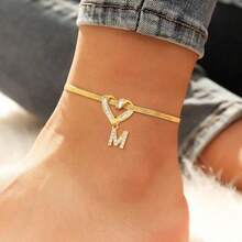 1pc Simple Classic Initial Hollow Heart Pendant Golden Stainless Steel Herringbone Chain Anklets For Women - Anklets - View 1