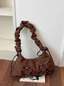 Soft Suede Underarm Shoulder Bag For Women, Vintage Maillard Style, Zipper Closure, Fits Phone And Cosmetics, Ruched Strap, Sweet Cool Aesthetic, Brown Niche Handbag For Daily Outings, Dating And Shopping - Coffee - View 6
