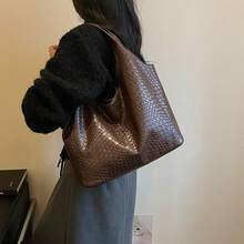 女款編織紋理大容量托特包，歐美風通勤購物辦公肩背手提包 - 咖啡 - 查看 7