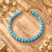 Bohemian Style Sky Blue Textured Square Bead Bracelet, Gold Spacer Adjustable Extension Chain Design, Prosperity Theme Symbolizing Attracting Wealth, Abundance And Good Luck, Fashionable Elegant Minimalist Versatile Daily Jewelry, Suitable For Commuting, Casual Wear And Holiday Gifts - Multicolor - View 5