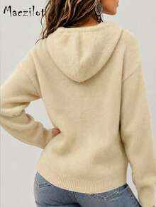 Sweater Rajut Polos Ukuran Besar untuk Musim Gugur dan Musim Dingin, Hoodie Berbulu dengan Tali Serut, Pullover Kasual Lengan Panjang Slim Fit untuk Perjalanan Sehari-hari - Aprikot - View 2