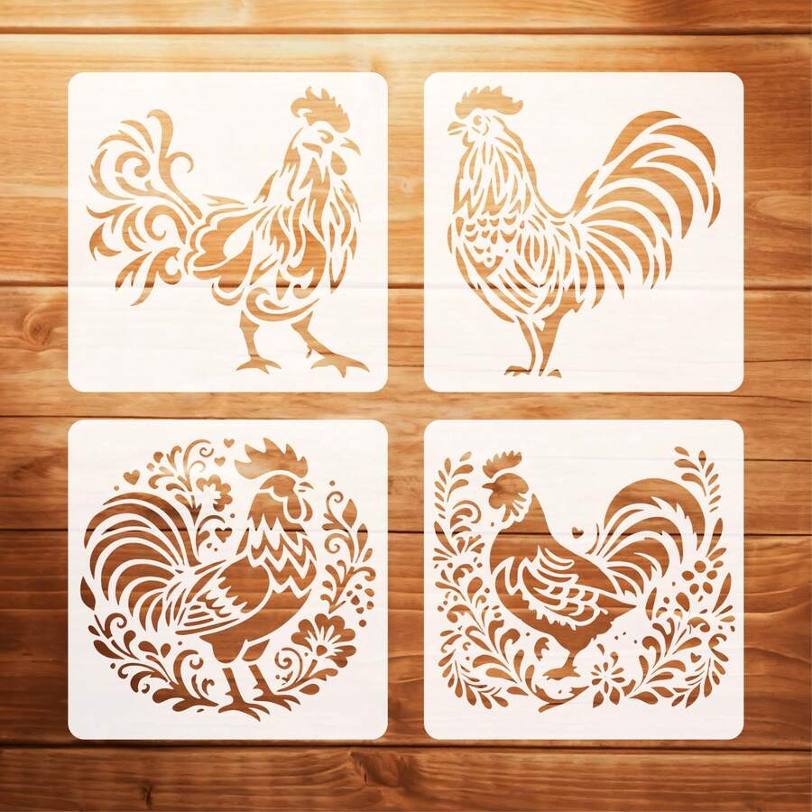 4pcs Rooster And Hen Painting Stencils, Washable And Reusable Country Farm Style Floral Chicken Templates, Suitable For DIY Crafts, Wall, Fabric, Graffiti - A - View 1