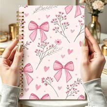 DANPERJI 1pc A5 Lined Spiral Notebook, Soft Pink Bow & Floral Pattern, Lined Paper Notebook, Aesthetic Back To School Notebook, Suitable For School, Office & Daily Notes School Supplies - Bow - View 1