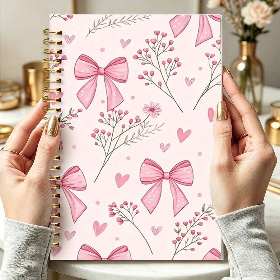 DANPERJI 1pc A5 Lined Spiral Notebook, Soft Pink Bow & Floral Pattern, Lined Paper Notebook, Aesthetic Back To School Notebook, Suitable For School, Office & Daily Notes School Supplies - Bow - View 1