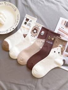 1/5 Pairs Women's Bear Mid-Calf Socks, Soft Comfortable Cute, Personalized Fashionable, Suitable For Home, Commute, Holiday Gift - Multicolor - View 2