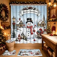 1/4pcs Christmas Snowman Shower Curtain Set, Christmas Tree Snowflake Pine Branch Winter Holiday Bathroom Curtain 180 X 180 Cm, Waterproof Mildew-Resistant Polyester Material, With 12 Hooks - A - View 8