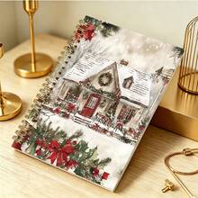 1pc 14*21cm Christmas Snow House Print Notebook, Winter Cabin Holly Bow Pattern Wirebound Journal, Xmas Holiday Themed Notepad For Daily Writing - Multicolor - View 4