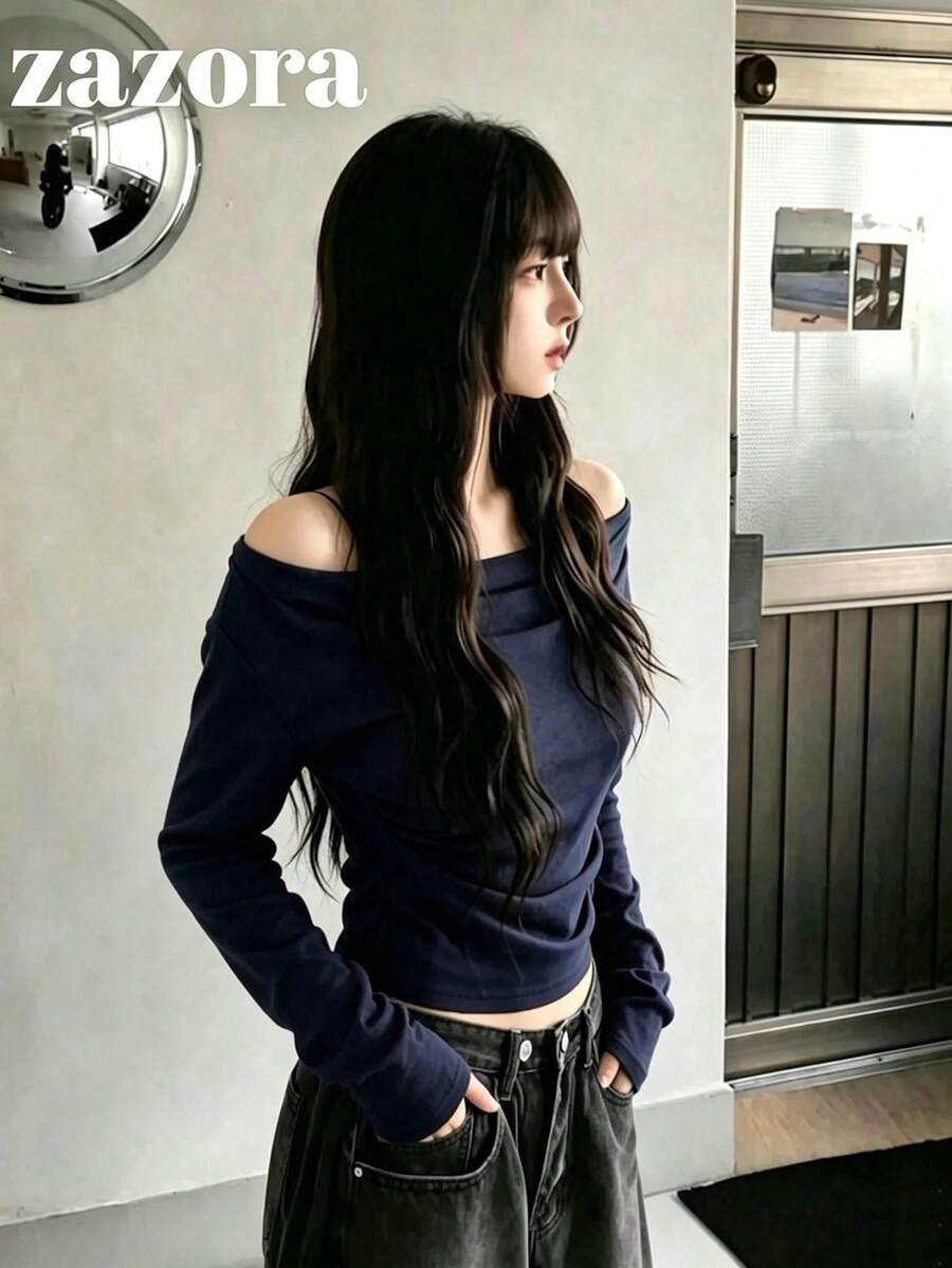 韓式修身露肩百搭長袖T恤上衣 秋季服飾 - 藏青色 - 查看 1