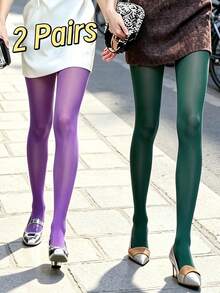 1pc Women's Red Semi-Sheer Sexy Tights, Slimming Leggings For Spring/Autumn, Date Party - Burgundy - View 2