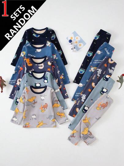 Conjunto de Pijama para Rapaz Jovem com Estampa de Dinossauro, 5 Conjuntos (1 Conjunto Aleatório), Forro de Polar, Espessado, Manga Comprida e Calças Compridas, Estampa de Desenho Animado Fofo, Roupa de Casa de Outono, Top e Calça