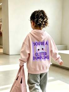 Cute Glitter Dumpling Print Hooded Sweatshirt For Girls, Sweet Letter Pattern Long Sleeve Pullover - Pink - View 8