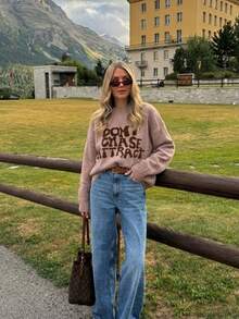 Strickpullover mit grafischem Buchstabenmuster, Rundhalsausschnitt, Langarm, lockerer Schnitt, zartrosa Pullover für Herbst und Winter, lässig-elegante Winteroutfits für Damen - Pink - Übersicht 6