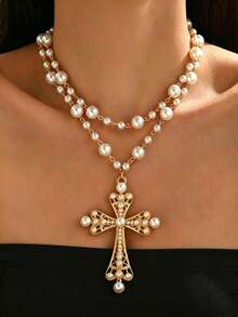 2pcs Gold-Tone Faux Pearl Cross Pendant Necklace Set, Women's Daily & Party Wear - Gold - View 1