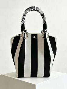 Classic Black And White Striped Bucket Bag, Fashionable Contrast Minimalist Versatile Shoulder Handbag, Suitable For Daily Commute, Shopping And Other Occasions - Black - View 7