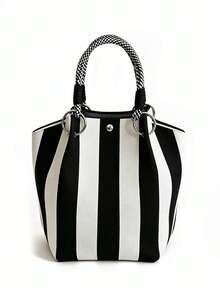 Classic Black And White Striped Bucket Bag, Fashionable Contrast Minimalist Versatile Shoulder Handbag, Suitable For Daily Commute, Shopping And Other Occasions - Black - View 6