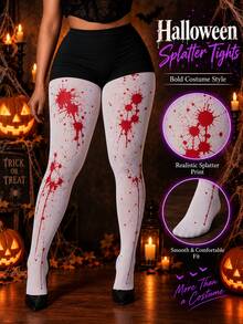 Women Halloween White Red Blood Splatter Graphic Cosplay Tights Pantyhose - Multicolor - View 1
