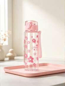 Garrafa De Água Com Padrão De Flor Rosa De 500ml, Copo De Água De Plástico Simples E Transparente, 1 Unidade - Rosa chiclete - Visão 12