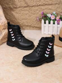 Girls' Boots, Autumn/Winter New Style Black Boots With Colorful Embroidery, Side Zipper, Non-Slip Thick Sole, Children's Ankle Boots - Black - View 5
