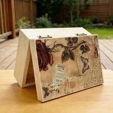 1pc Vintage Wooden Storage Box With Shabby Chic Rose And Butterfly Collage Illustration, Gift Storage Box, Small Accessory Organizer, Jewelry Collection Keepsake Box, Souvenir Storage, Desktop Organizer, Country Home Decor - Multicolor - View 4