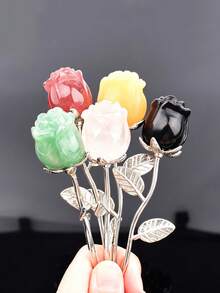 1pc Natural Crystal Carved Rose Flower Ornament, Multi-Color Mineral Craft Desktop Decoration Small Figurine, Metal Stem And Leaf Rose Bouquet - Rose Bouquet - View 5