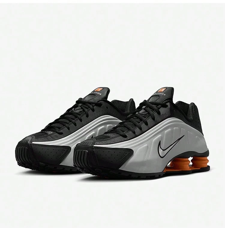 NIKE Shox R4 Men's Black White Orange Retro Tech Sneakers | Bright Orange Shox Four-Pillar Y2K Futuristic Street Style HQ1988-003 - Silver - View 1