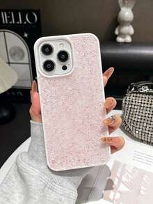 1pc Solid Color Skin-Feel Full Rhinestone Luxury Inlaid Fine Glitter 2-In-1 Large Camera Hole Phone Protective Case Compatible With Apple 17 Pro Max, 16, 15 Pro, 14, 13, 12, 11 Series - Baby Pink - View 1