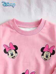 Disney Officially Licensed Baby Girls Sweatshirt Set, Spring/Autumn, Pink Color Block Sweet Cartoon Style, Round Neck All-Over Minnie Print Sweatshirt With Vertical Ribbed Slim Fit Long Pants, 2 Pieces Outfit For Toddlers Under 3 Years Old, Casual Daily Wear, Travel, Vacation, Party, Versatile - Baby Pink - View 4