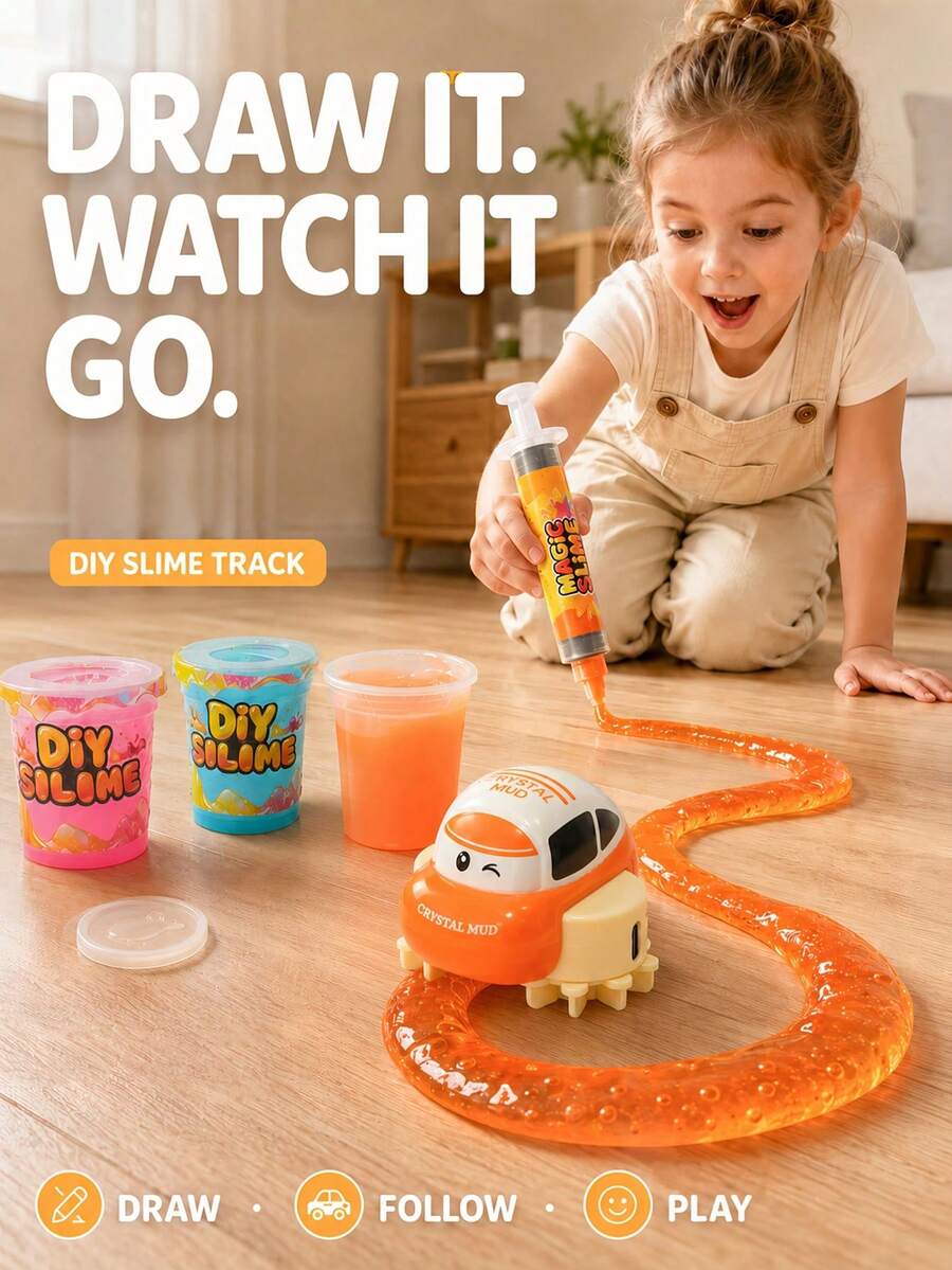 2-In-1 DIY Crystal Slime Toy Set Auto Track-Following Mini Car Kids 2-In-1 Slime Play Set Slime Track Car Toy Christmas Kids Toys Fidget Toys For Kids - Multicolor - View 1