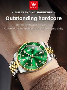 OLEVS Men Quartz Watch Luxury Two-Tone Stainless Steel Luminous Waterproof Rotating Bezel Date Display Rhinestone Business Casual Sport Diver Gift - Green - View 3