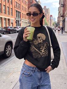 Women's Black Skull & Cat Hug Print Sweatshirt, Autumn Urban Style Long Sleeve Crew Neck Knit Pullover - Black - View 4