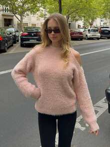 Autumn/Winter Open Shoulder Solid Color Crew Neck Sexy Pullover Sweater - Pink - View 3
